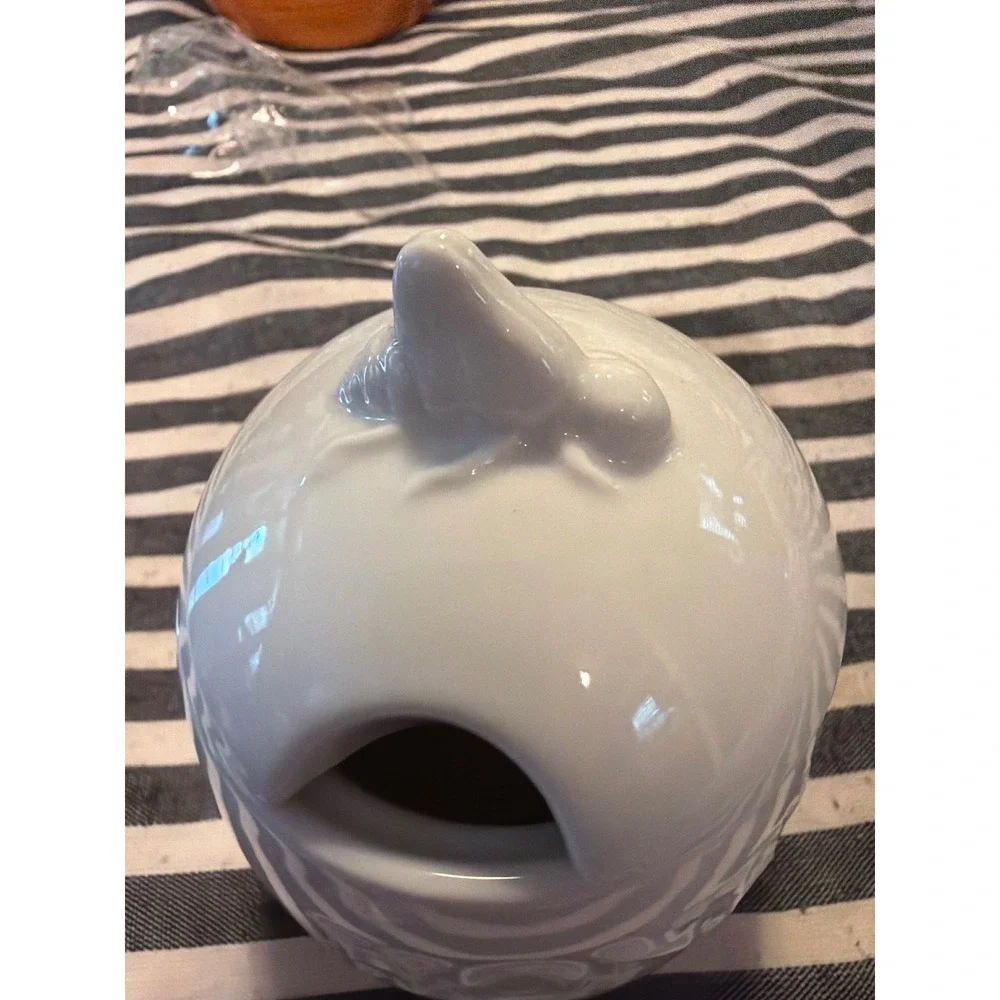 Fitz and Floyd Everyday White Porcelain Honey Pot with Bee Lid Embossed Barrel